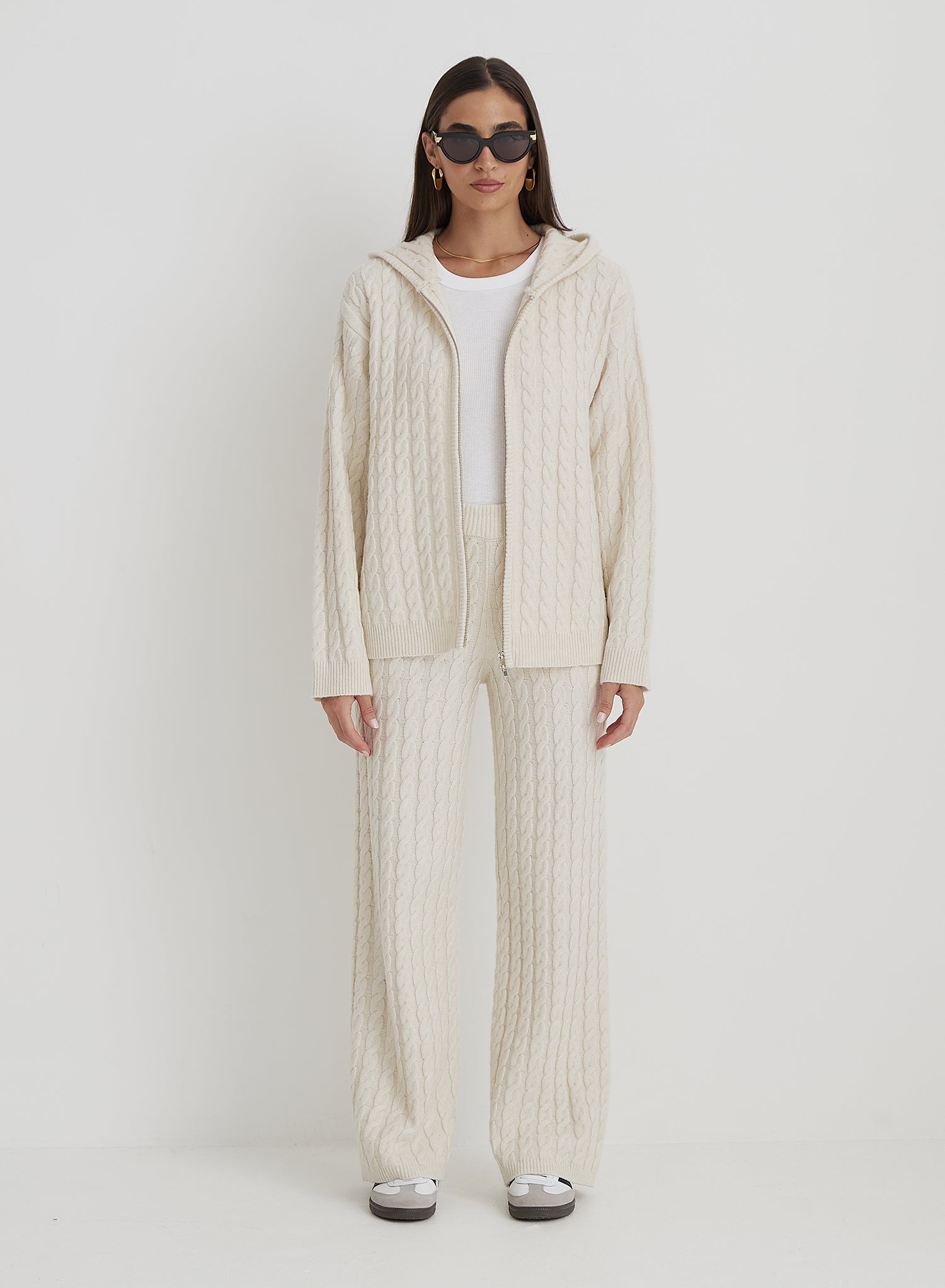 Cream Cable Knit Zip Hoodie